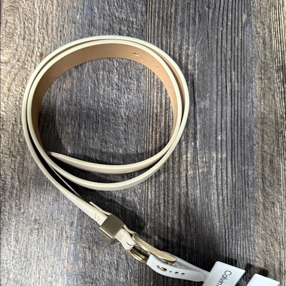 Calvin Klein Beige Leather Belt with Gold Buckle